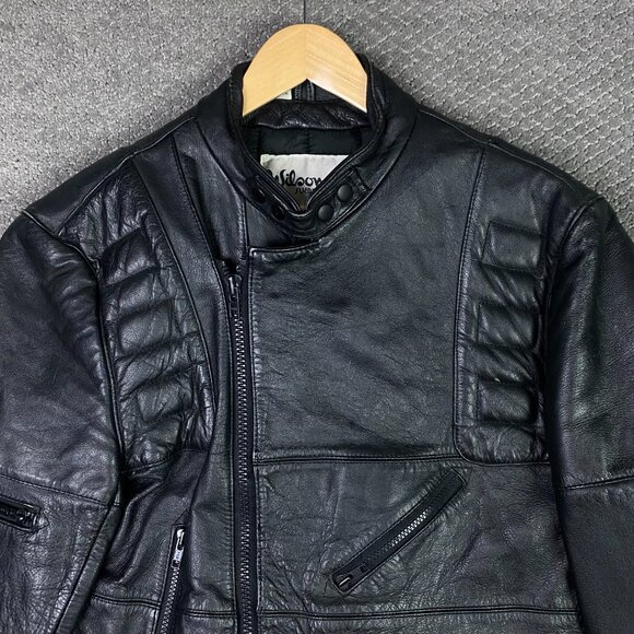 Vintage Wilsons Leather Jacket Men's 44 Black Cafe Racer Padded Motorcycle Moto - Picture 2 of 16